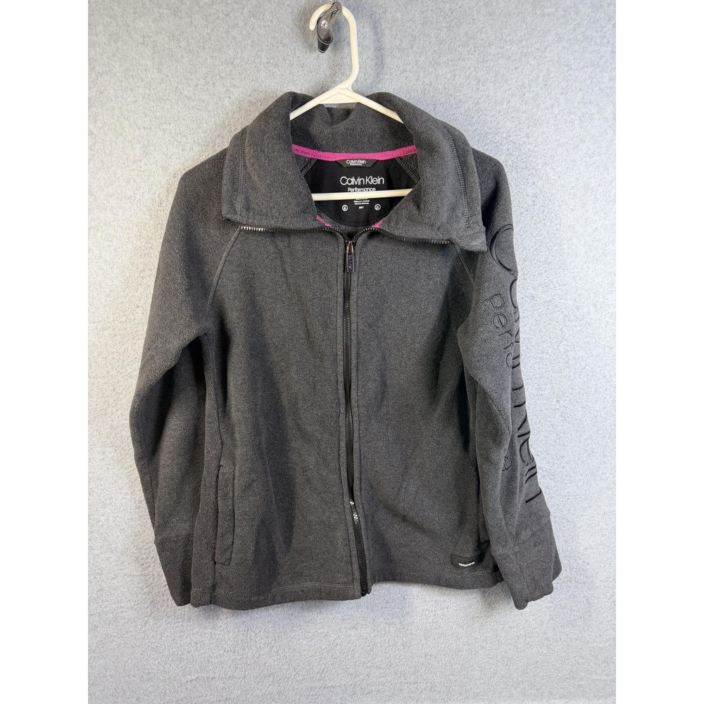 Calvin Klein Performance Jacket Womens Small Gray Fleece Full Zip Logo Sleeve